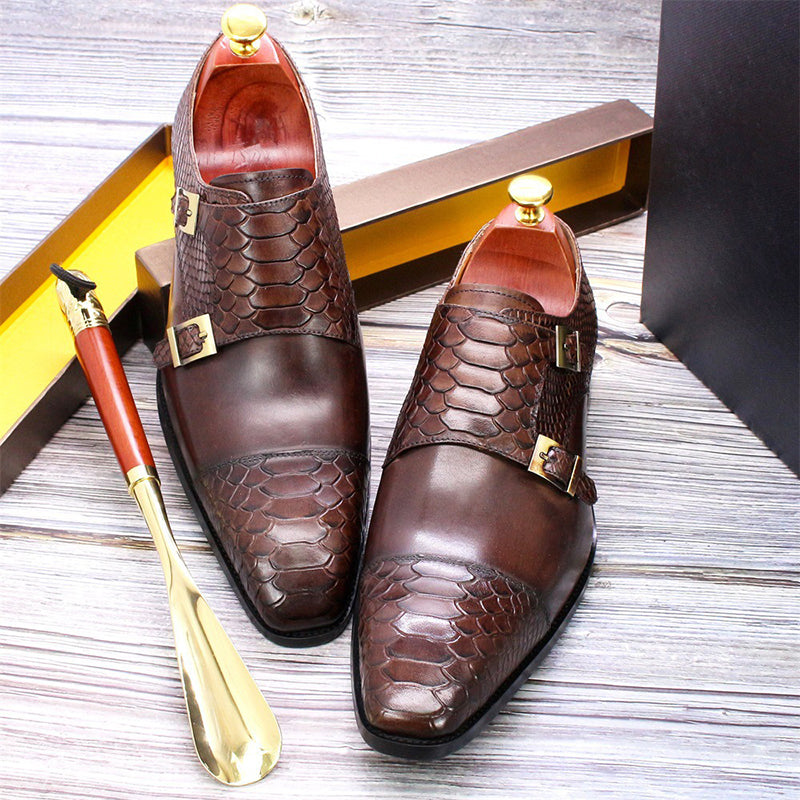coffee Men's leather crocodile embossed dual strap monk shoes