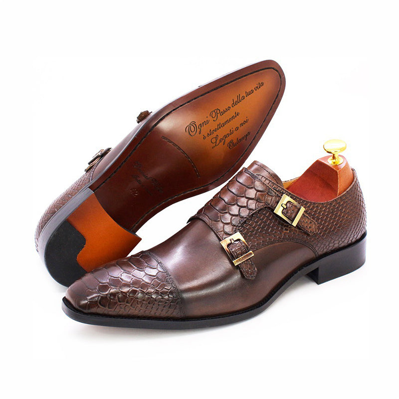 coffee Men's leather crocodile embossed dual strap monk shoes