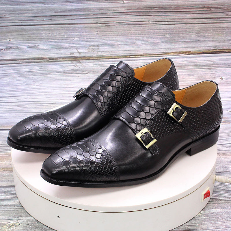 Men's leather crocodile embossed dual strap monk shoes