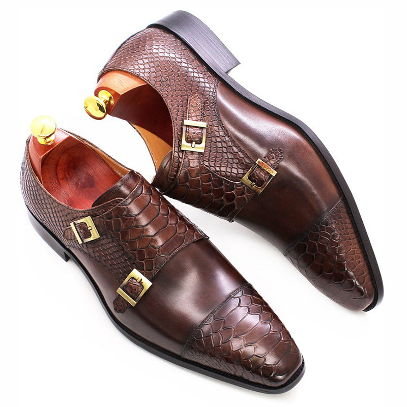 coffee Men's leather crocodile embossed dual strap monk shoes