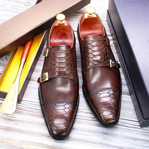 Men's leather crocodile embossed dual strap monk shoes