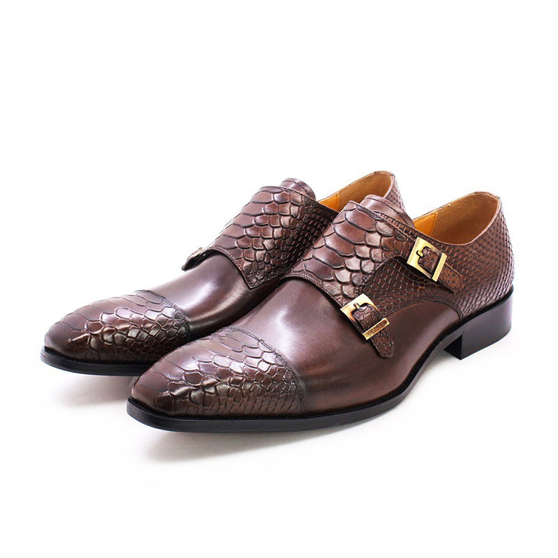 coffee Men's leather crocodile embossed dual strap monk shoes