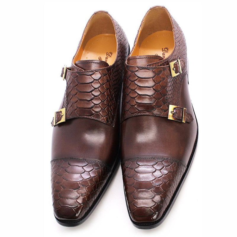 coffee Men's leather crocodile embossed dual strap monk shoes
