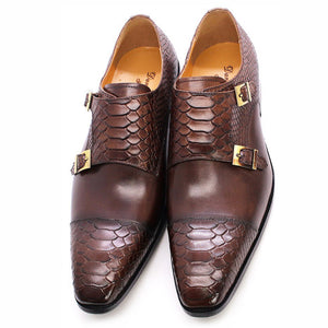 coffee Men's leather crocodile embossed dual strap monk shoes