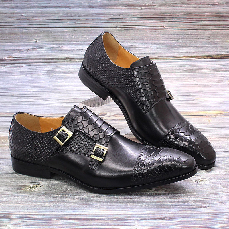Men's leather crocodile embossed dual strap monk shoes