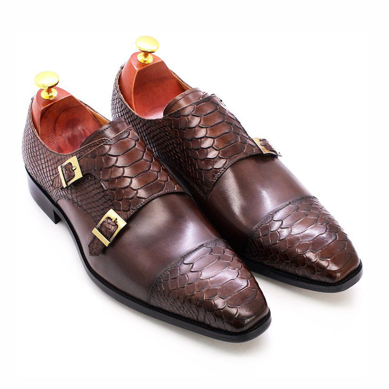 coffee Men's leather crocodile embossed dual strap monk shoes