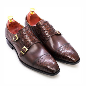 coffee Men's leather crocodile embossed dual strap monk shoes