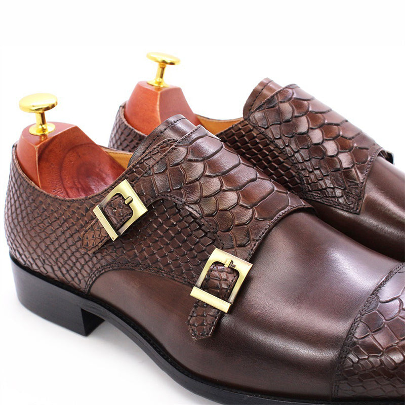 coffee Men's leather crocodile embossed dual strap monk shoes