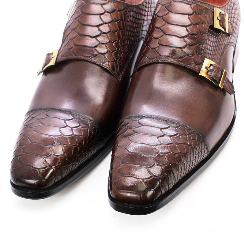 coffee Men's leather crocodile embossed dual strap monk shoes