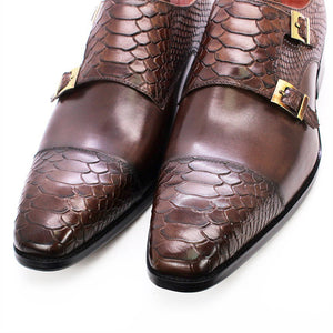 coffee Men's leather crocodile embossed dual strap monk shoes
