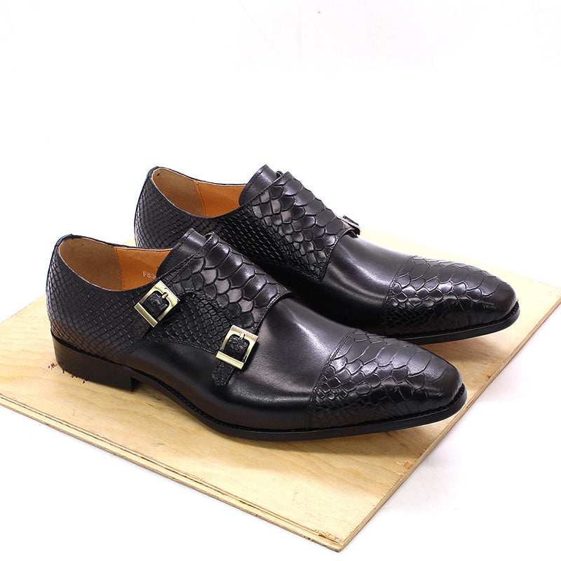 black Men's leather crocodile embossed dual strap monk shoes