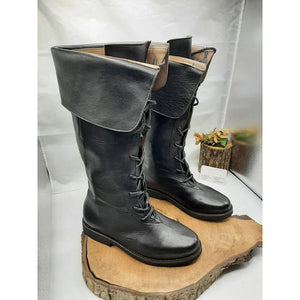 Black Men's medieval renaissance lace-up knee high boots