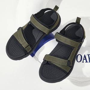 green Men's mesh sporty sandals with adjustable velcro straps