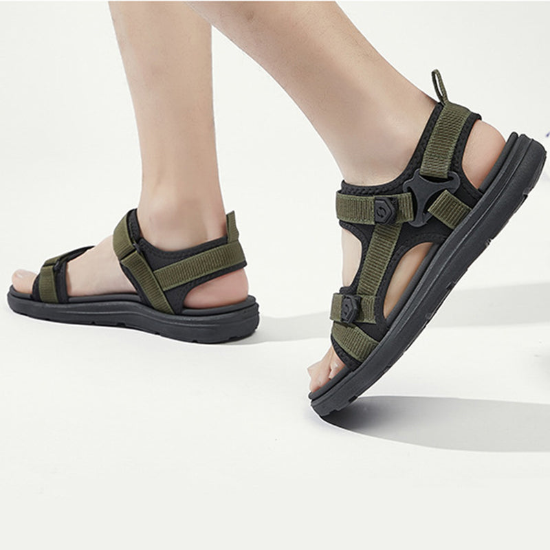 green Men's mesh sporty sandals with adjustable velcro straps