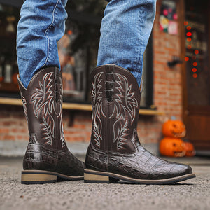 Men's retro embroidery pull-on mid calf cowboy boots