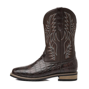 brown Men's retro embroidery pull-on mid calf cowboy boots