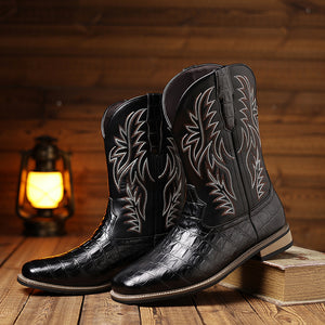 black Men's retro embroidery pull-on mid calf cowboy boots