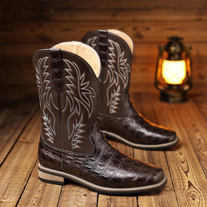brown Men's retro embroidery pull-on mid calf cowboy boots