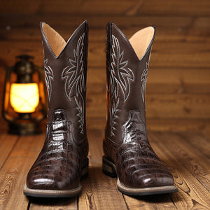 brown Men's retro embroidery pull-on mid calf cowboy boots