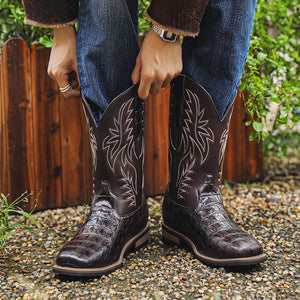 brown Men's retro embroidery pull-on mid calf cowboy boots
