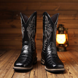 black Men's retro embroidery pull-on mid calf cowboy boots
