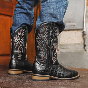 Men's retro embroidery pull-on mid calf cowboy boots