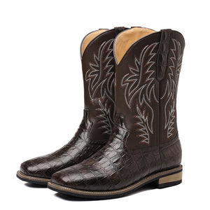 brown Men's retro embroidery pull-on mid calf cowboy boots