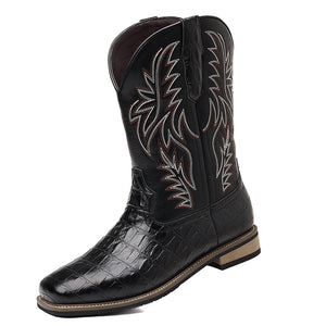 black Men's retro embroidery pull-on mid calf cowboy boots