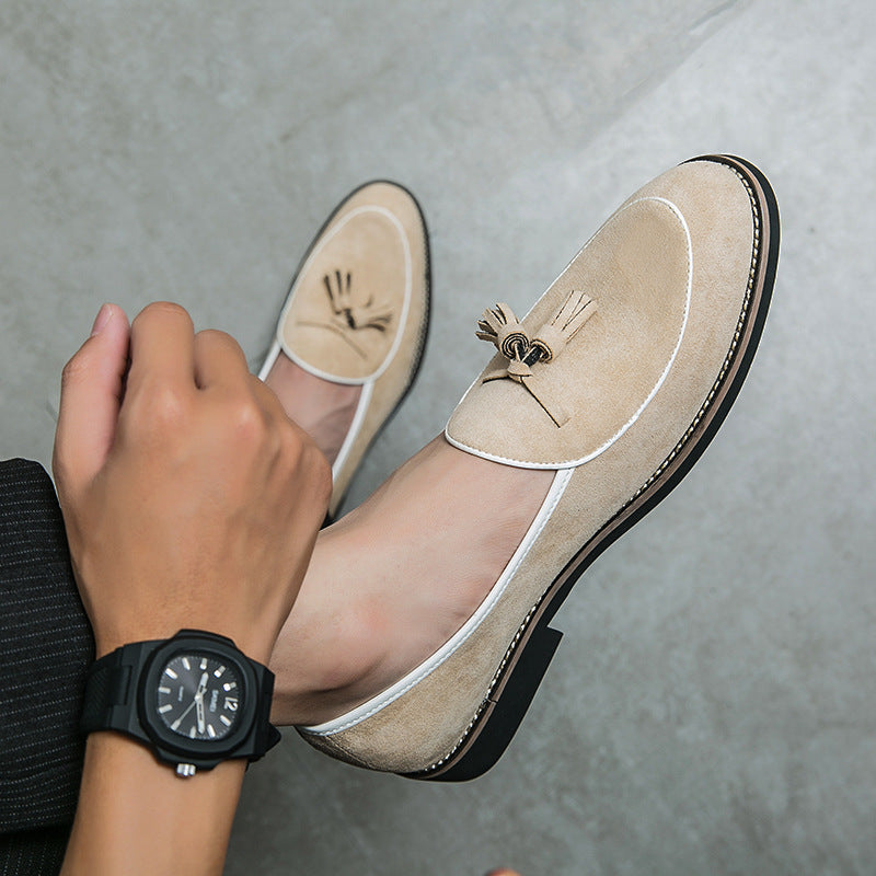 beige Men's retro slip-on tassles loafers
