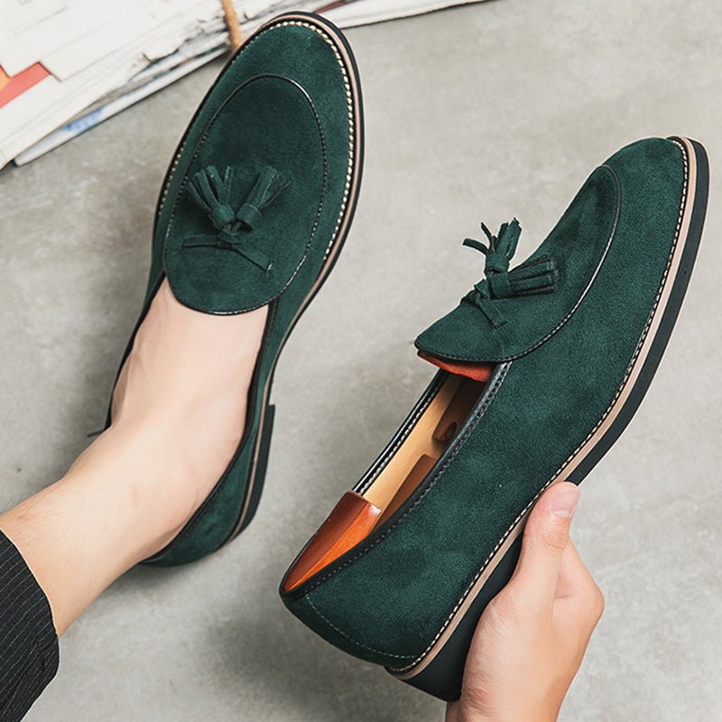 green Men's retro slip-on tassles loafers