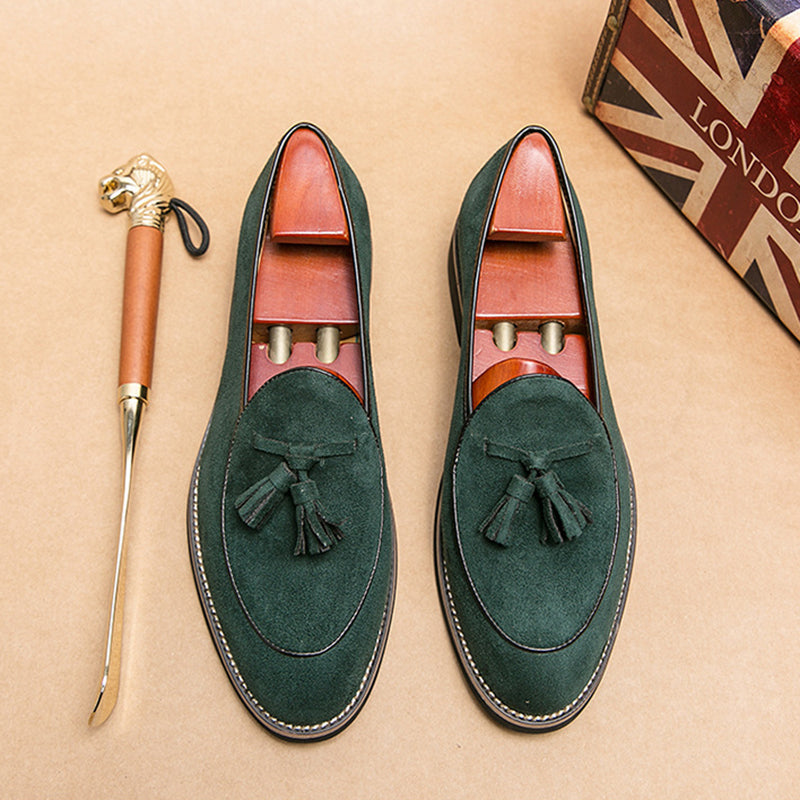 green Men's retro slip-on tassles loafers
