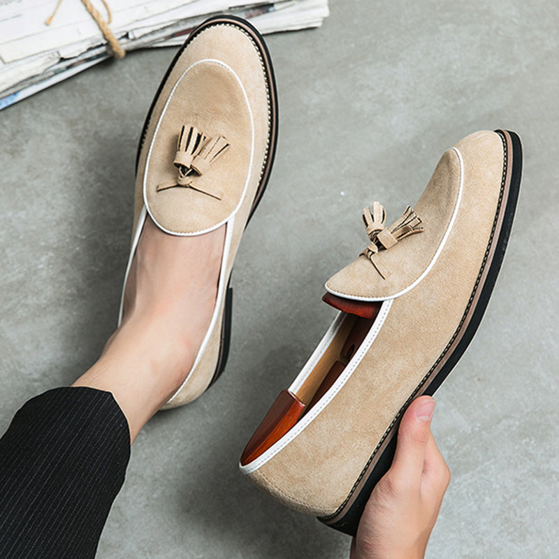 beige Men's retro slip-on tassles loafers