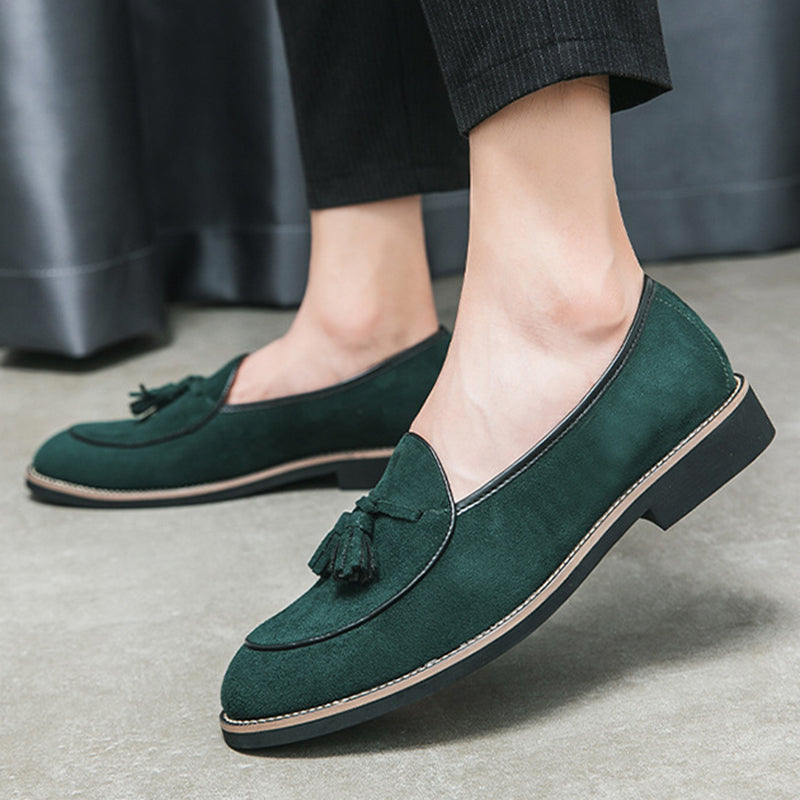 green Men's retro slip-on tassles loafers