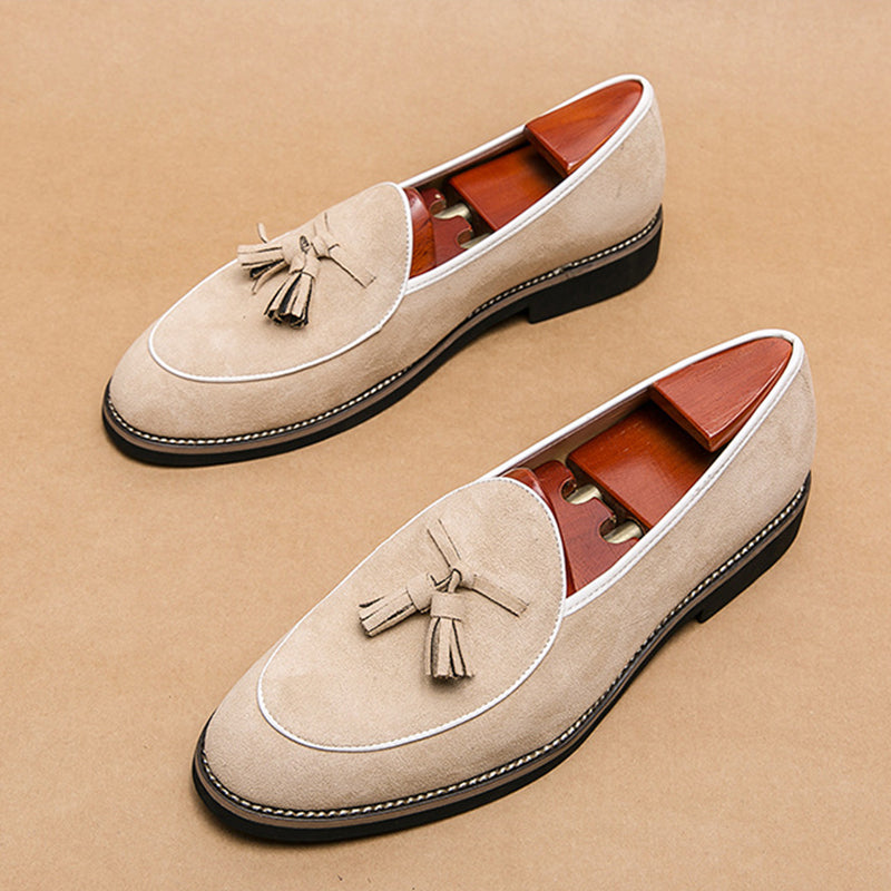 beige Men's retro slip-on tassles loafers