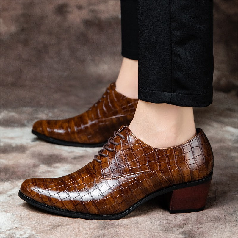 brown Men's stone pattern chunky heels oxford shoes 2 inches