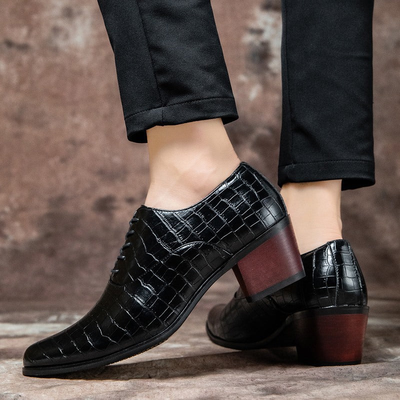 black Men's stone pattern chunky heels oxford shoes 2 inches