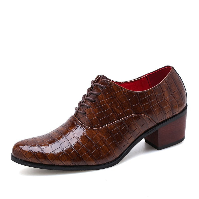 brown Men's stone pattern chunky heels oxford shoes 2 inches