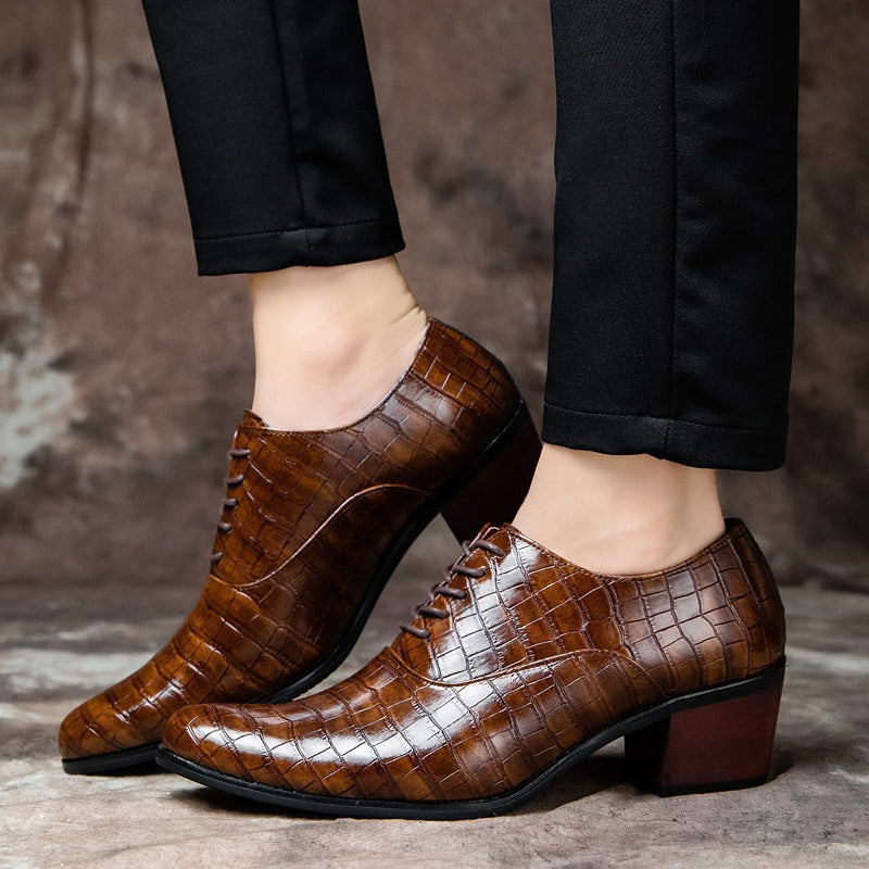 brown Men's stone pattern chunky heels oxford shoes 2 inches