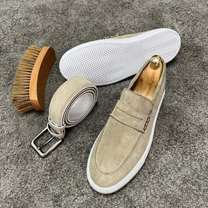 beige Men's suede penny loafers