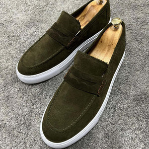 green Men's suede penny loafers