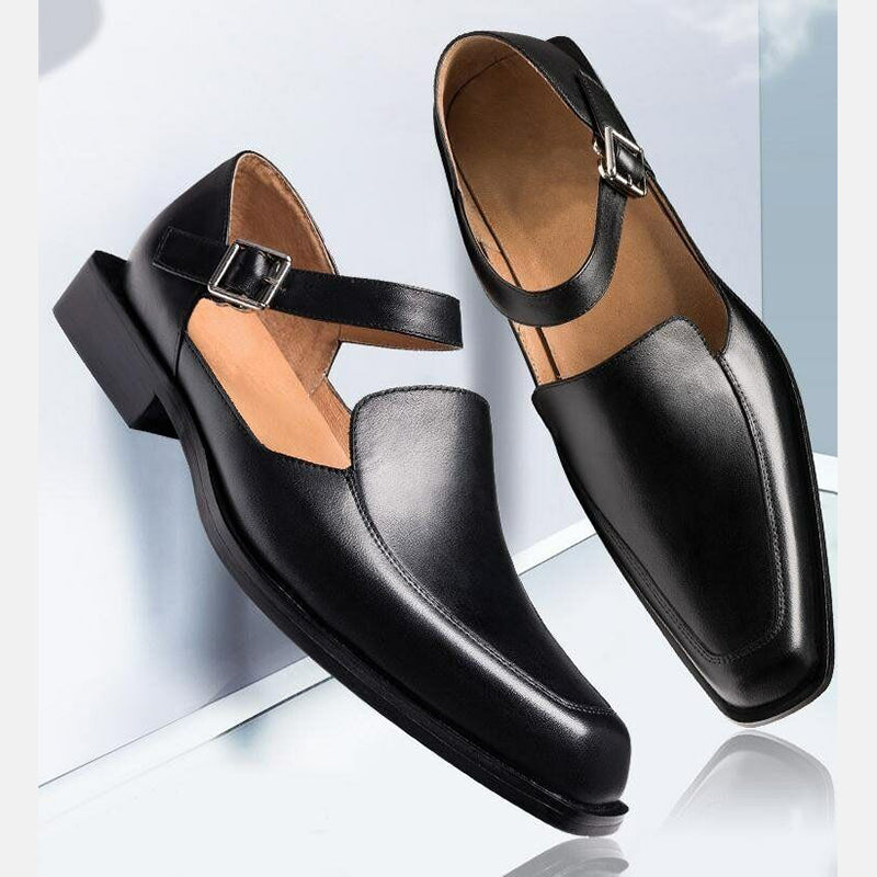 black Men's summer dress shoes with ankle strap