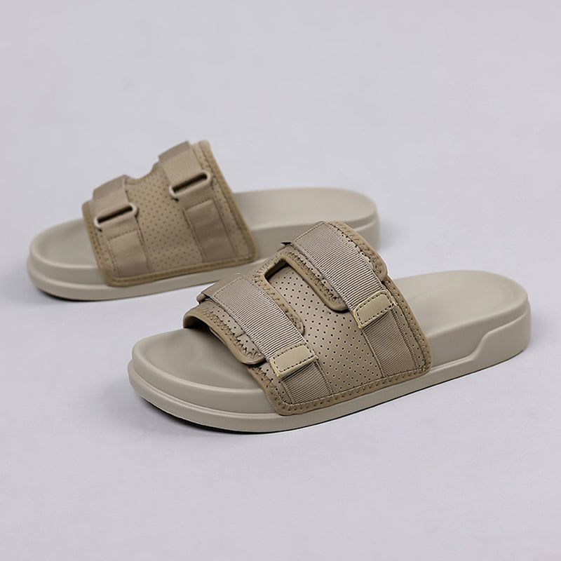 khaki Men's summer platform slides with mesh adjustable hook-and-loop upper strap