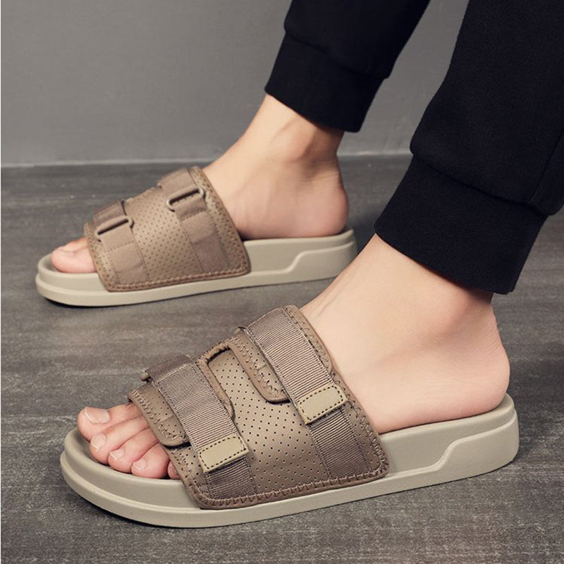 khaki Men's summer platform slides with mesh adjustable hook-and-loop upper strap