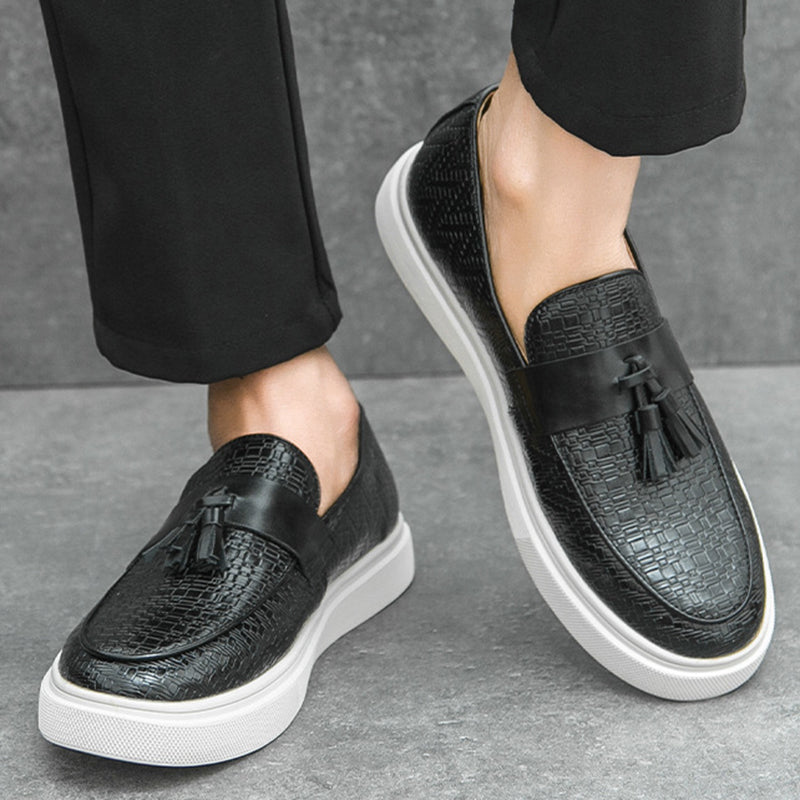 black Men's textured tassels loafers spring summer slip-on platform loafers