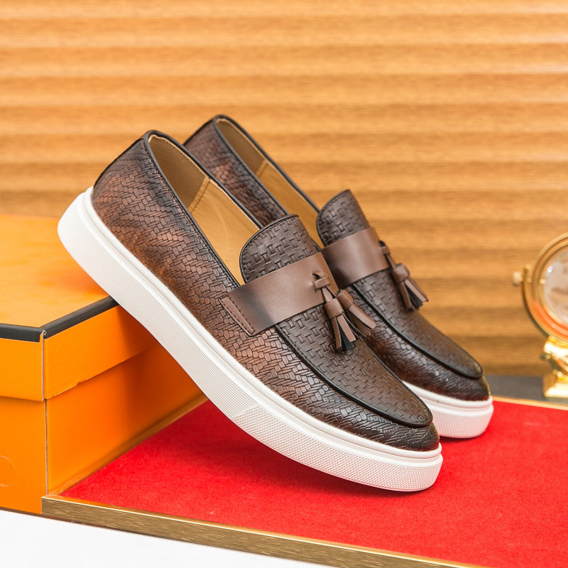 brown Men's textured tassels loafers spring summer slip-on platform loafers
