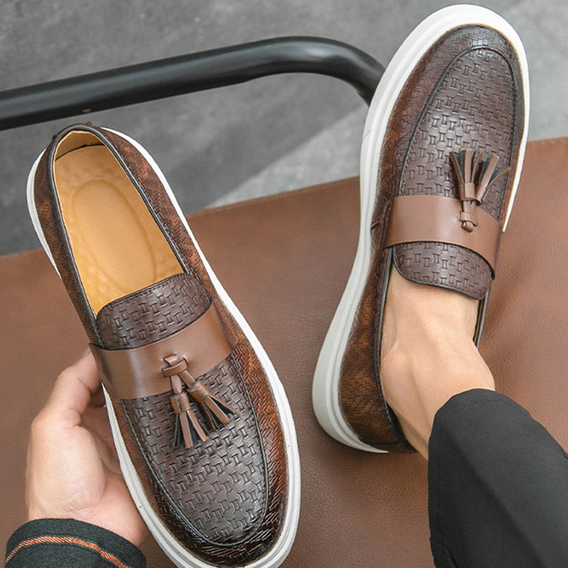 brown Men's textured tassels loafers spring summer slip-on platform loafers