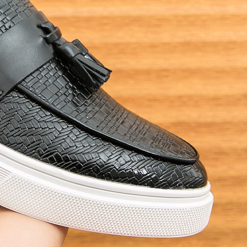 black Men's textured tassels loafers spring summer slip-on platform loafers