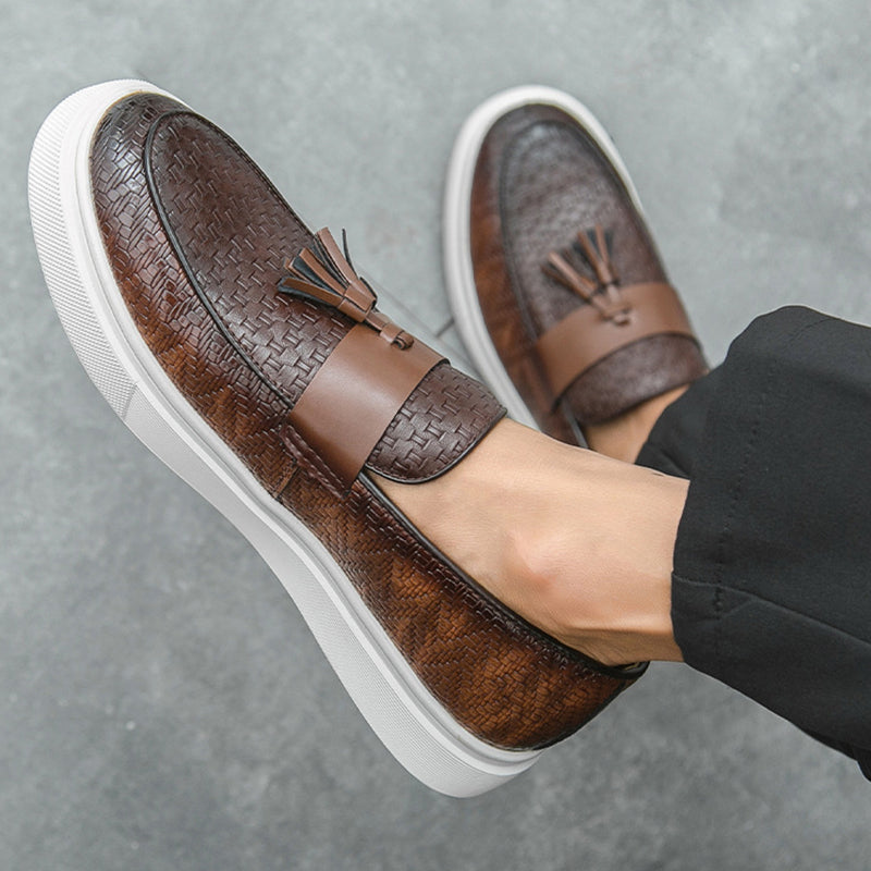 brown Men's textured tassels loafers spring summer slip-on platform loafers