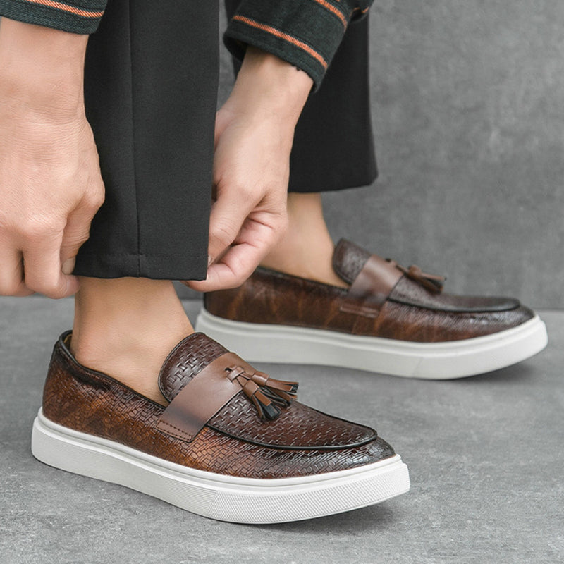 brown Men's textured tassels loafers spring summer slip-on platform loafers