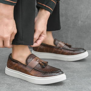 brown Men's textured tassels loafers spring summer slip-on platform loafers
